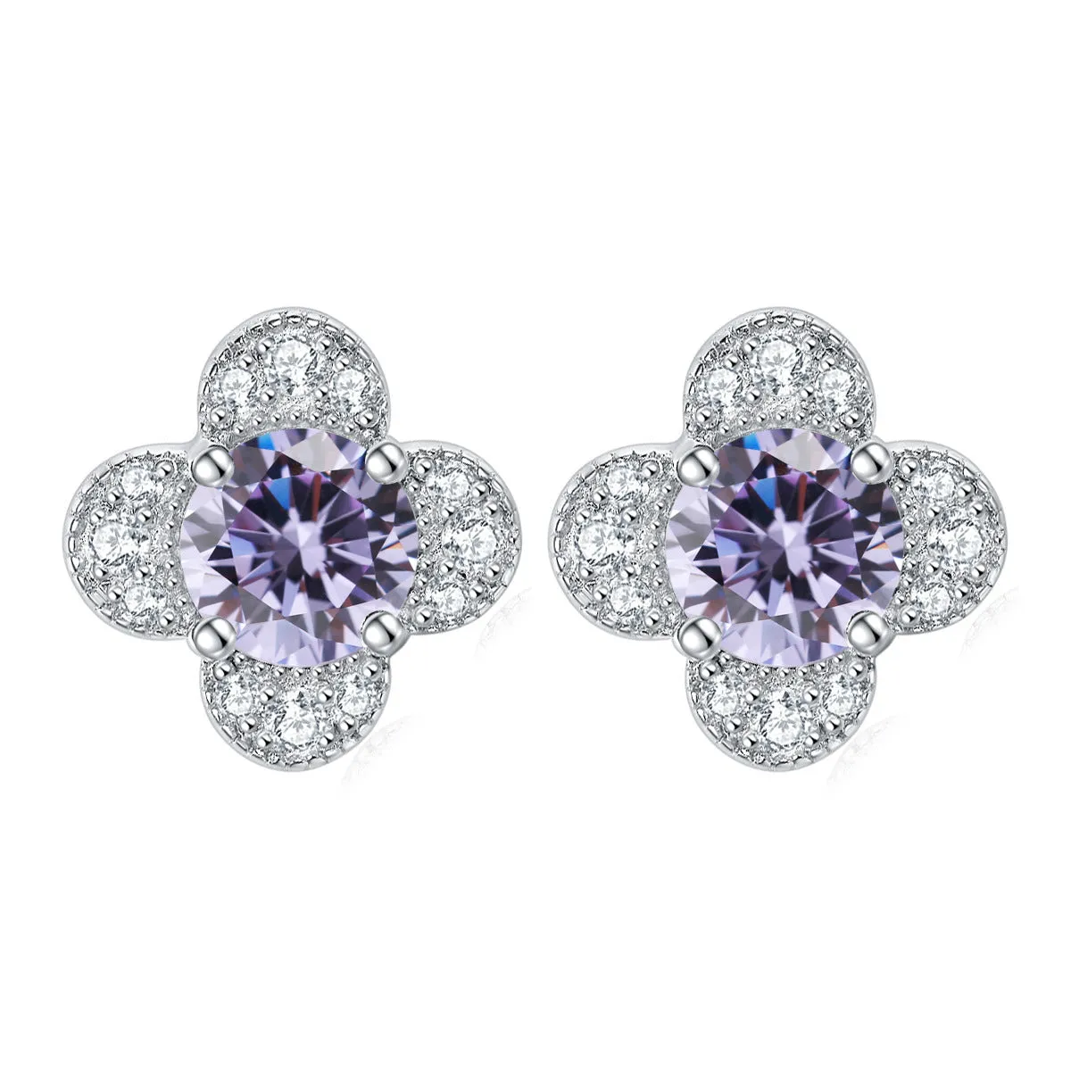 Colourful Round Zircon Clover Silver Studs Earrings for Women