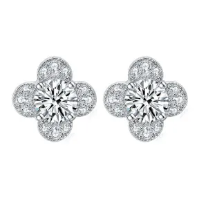 Colourful Round Zircon Clover Silver Studs Earrings for Women