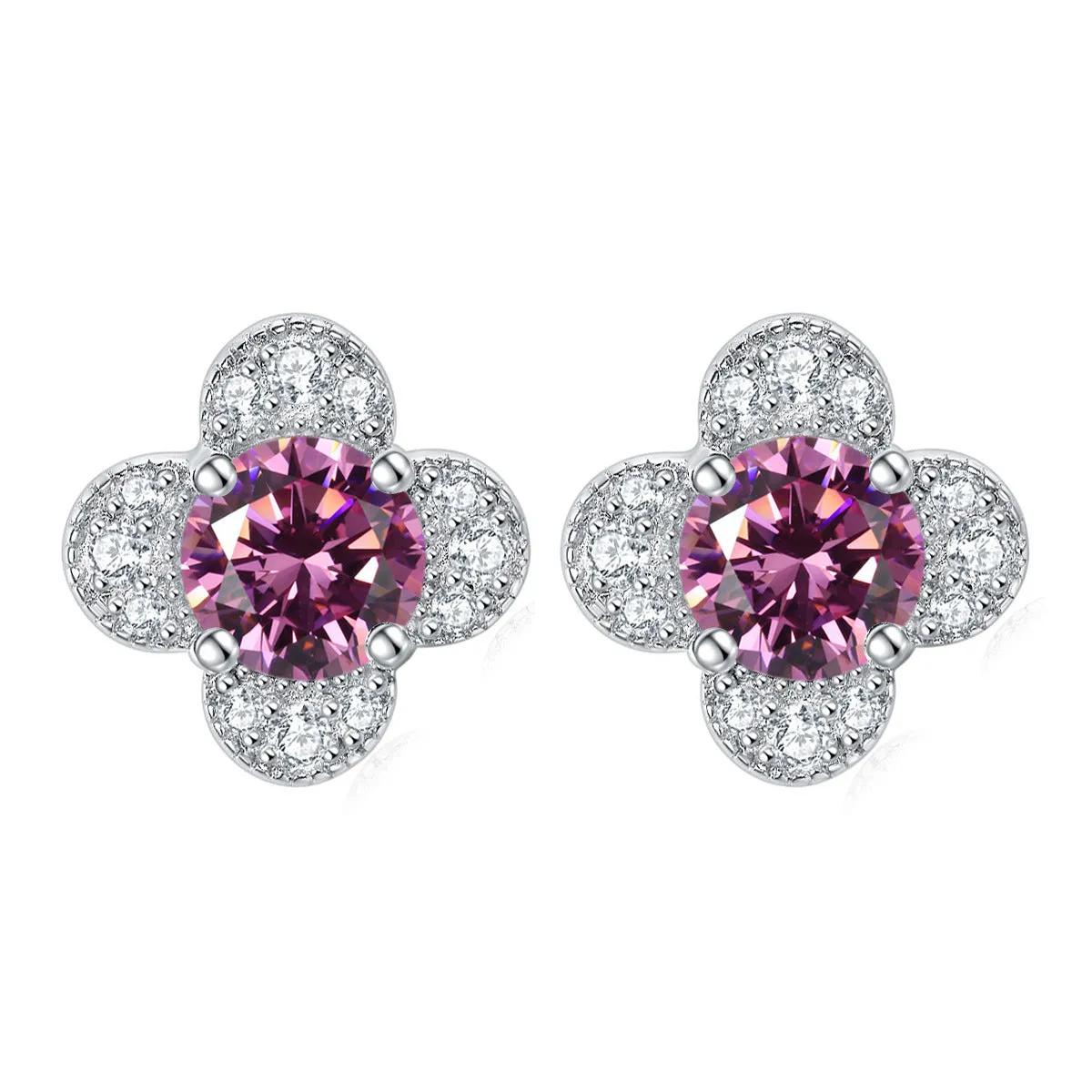 Colourful Round Zircon Clover Silver Studs Earrings for Women