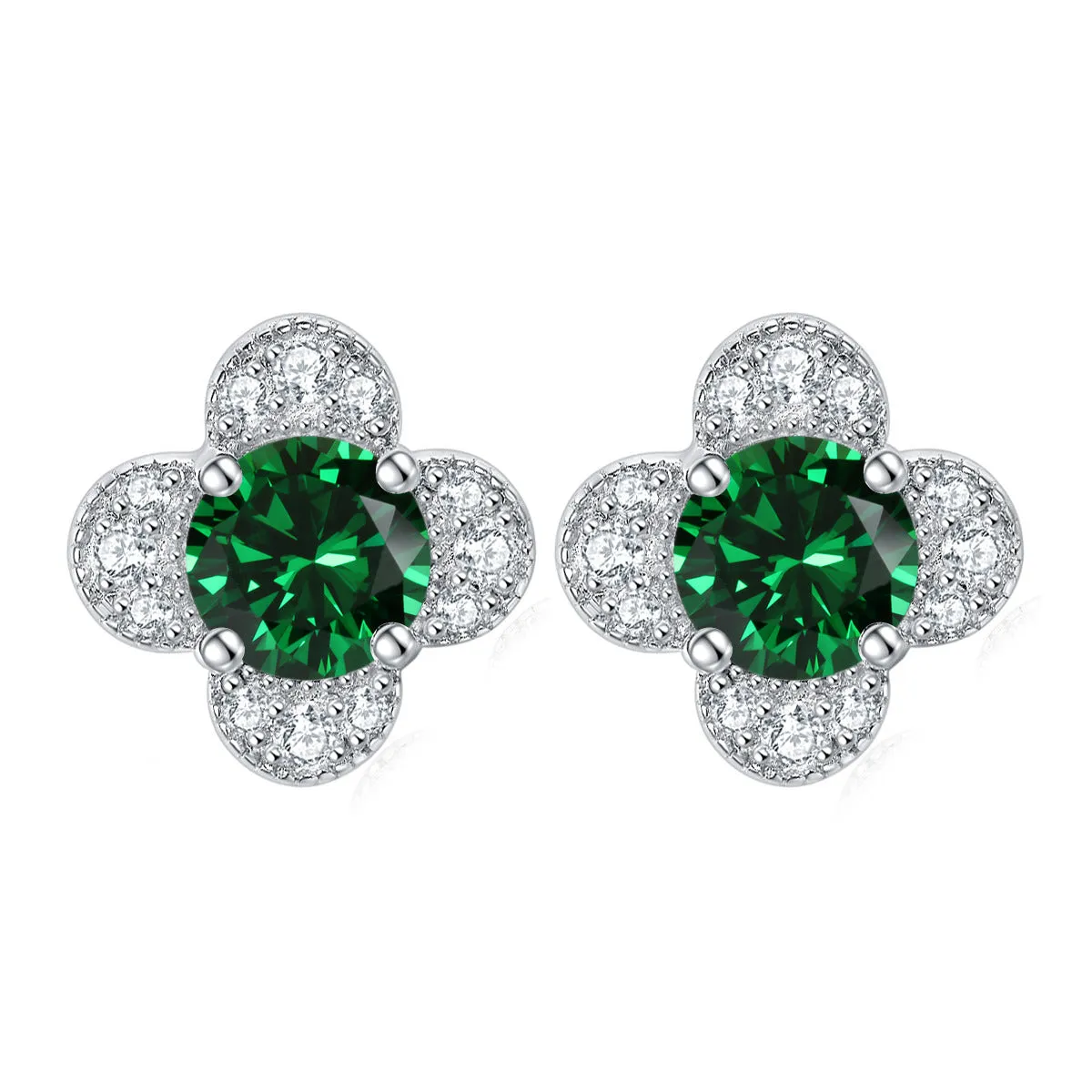 Colourful Round Zircon Clover Silver Studs Earrings for Women