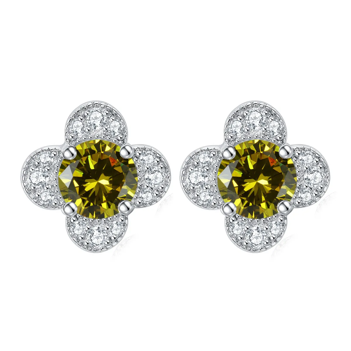 Colourful Round Zircon Clover Silver Studs Earrings for Women