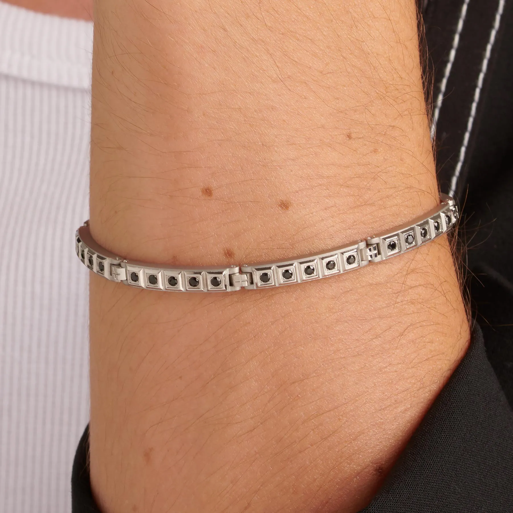 Crystal Accented Bar Link Bracelet in Stainless Steel