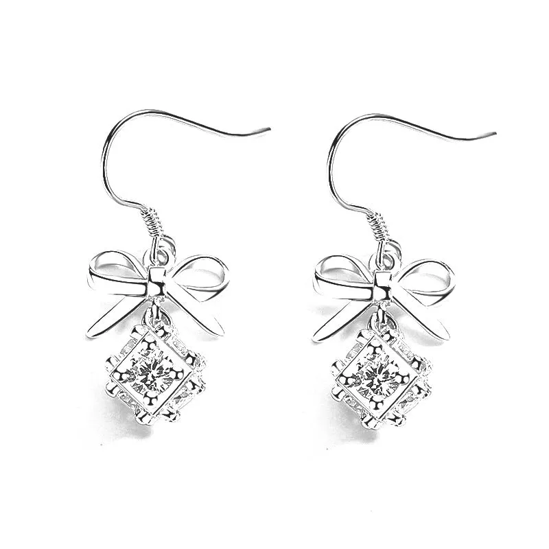 Cube with Zircon Bow Silver Drop Earrings for Women