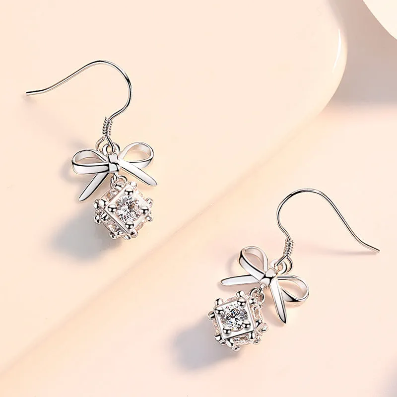 Cube with Zircon Bow Silver Drop Earrings for Women