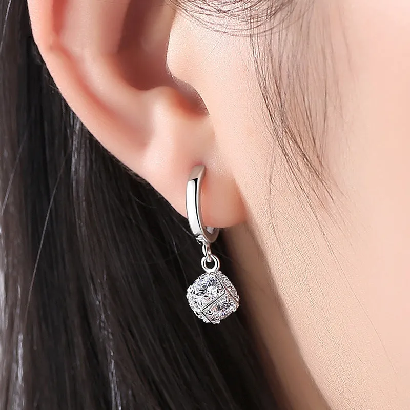 Cube with Zircon Pendant Silver Hoop Earrings for Women