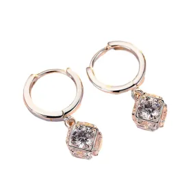 Cube with Zircon Pendant Silver Hoop Earrings for Women