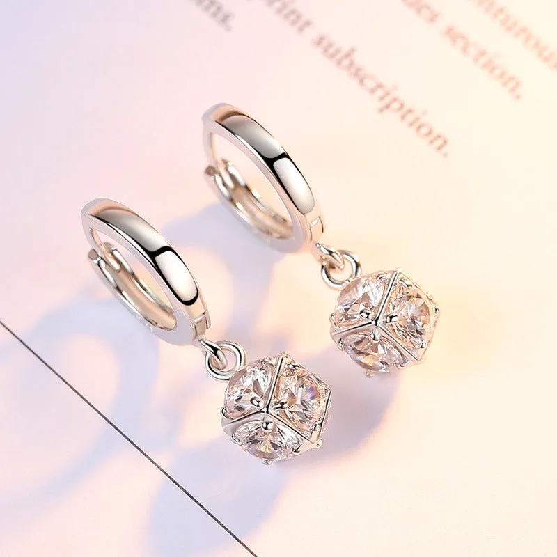 Cube with Zircon Pendant Silver Hoop Earrings for Women