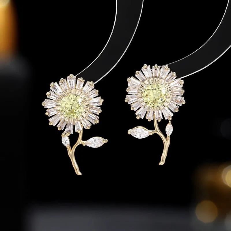 Cubic Zircon Sunflower Stud Earring for Wedding, Flowers Crystals Earrings for Bride, Women Girl Birthday Party Jewelry LYD112