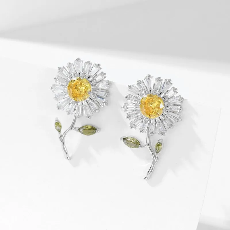 Cubic Zircon Sunflower Stud Earring for Wedding, Flowers Crystals Earrings for Bride, Women Girl Birthday Party Jewelry LYD112