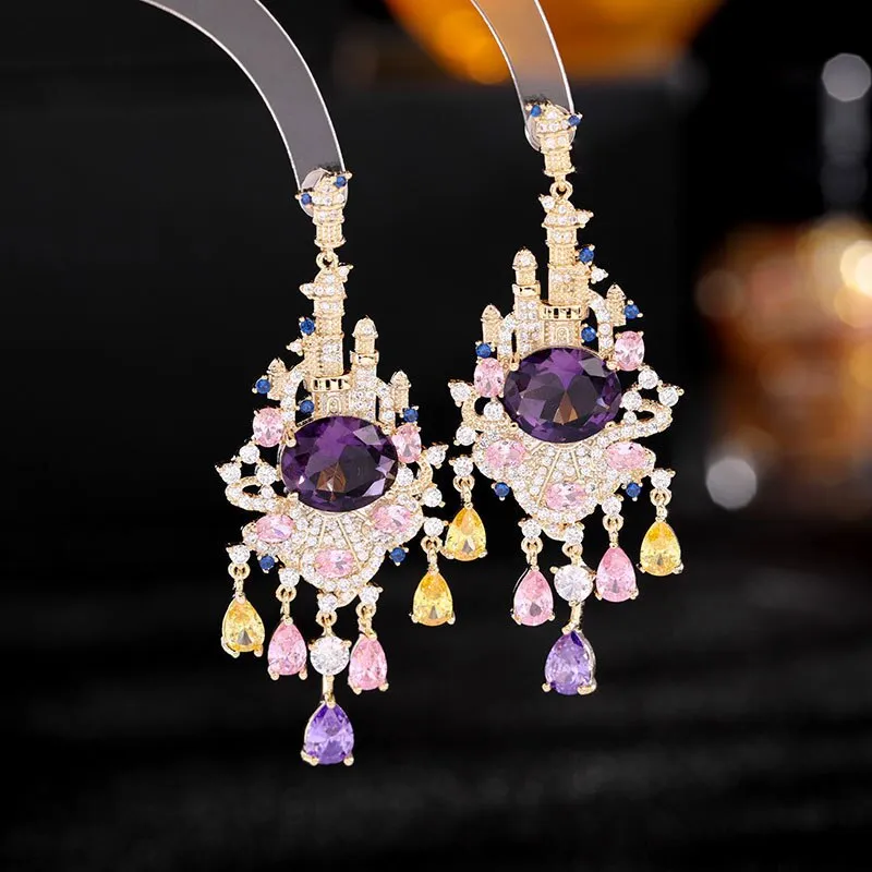 Cubic Zircon Vintage Style Castle Earring for Women,Crystals Girls Party ,Promt Earrings Jewelry Accessories LYG114