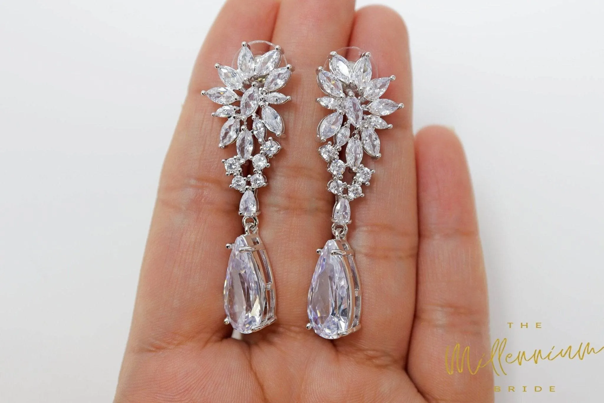 Cubic Zirconia Diamond Sunflower Drop Crystal, Diamond Earrings, Long Bridal , Bridal Earrings, Crystal Bridal Earrings, Statement Earrings