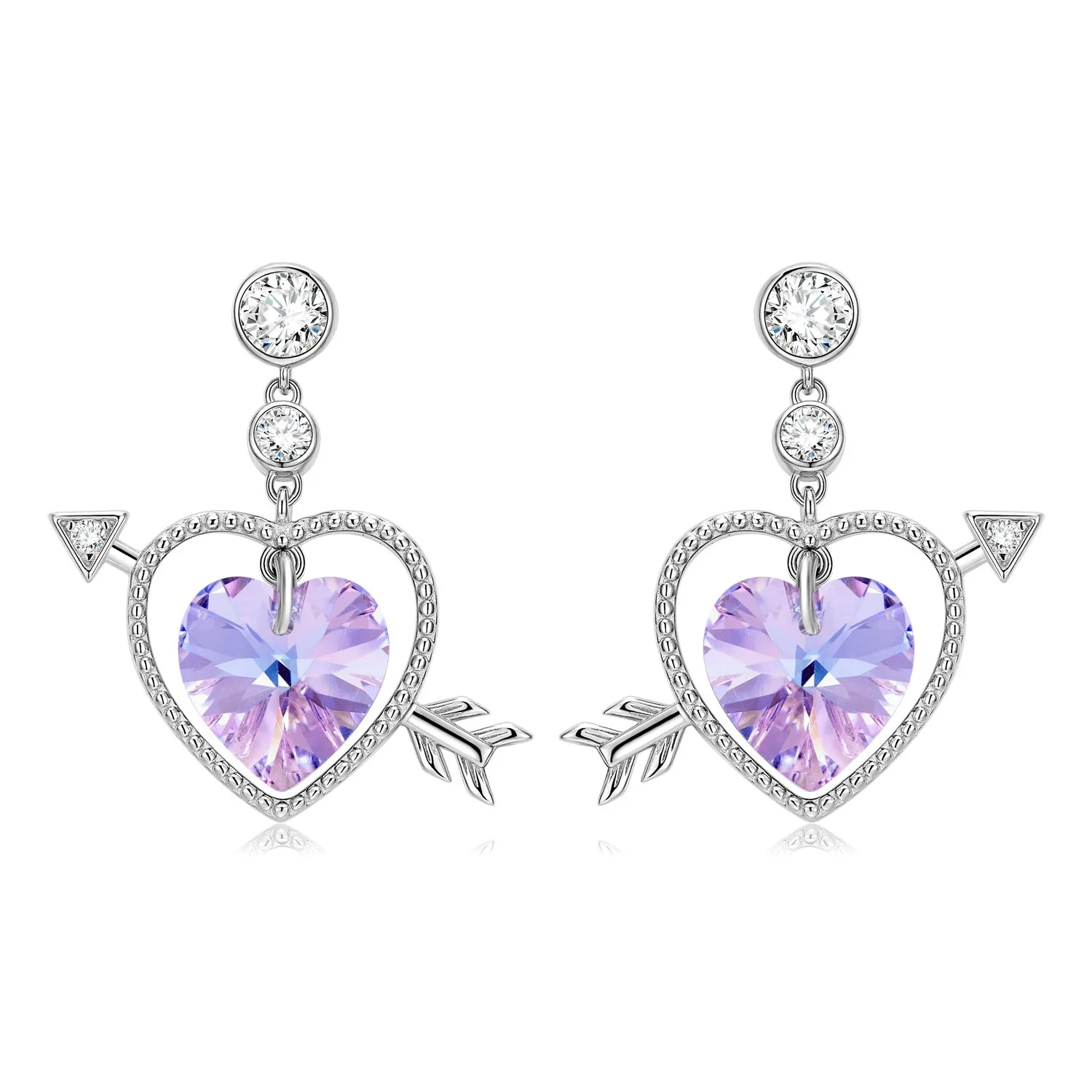 Cupid's Arrow Heart Shape Purple Zircon Silver Drop Earrings