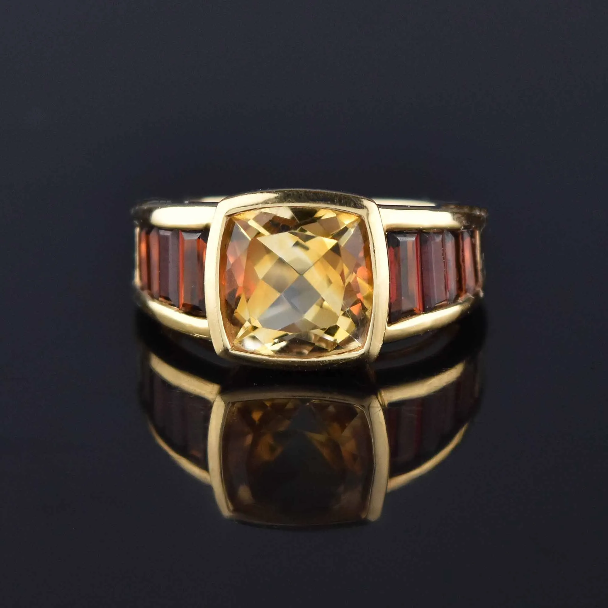 Cushion Cut Citrine Baguette Garnet Band Ring, 14K Gold