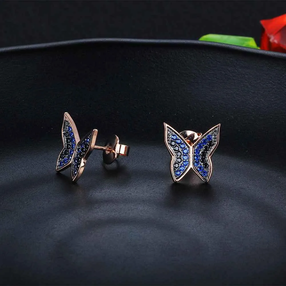 Cute 925 Silver Blue & Black CZ Butterfly Stud Earrings for Women