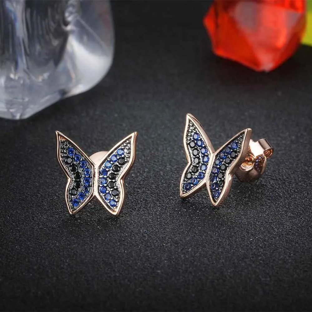 Cute 925 Silver Blue & Black CZ Butterfly Stud Earrings for Women