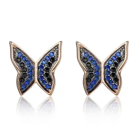 Cute 925 Silver Blue & Black CZ Butterfly Stud Earrings for Women