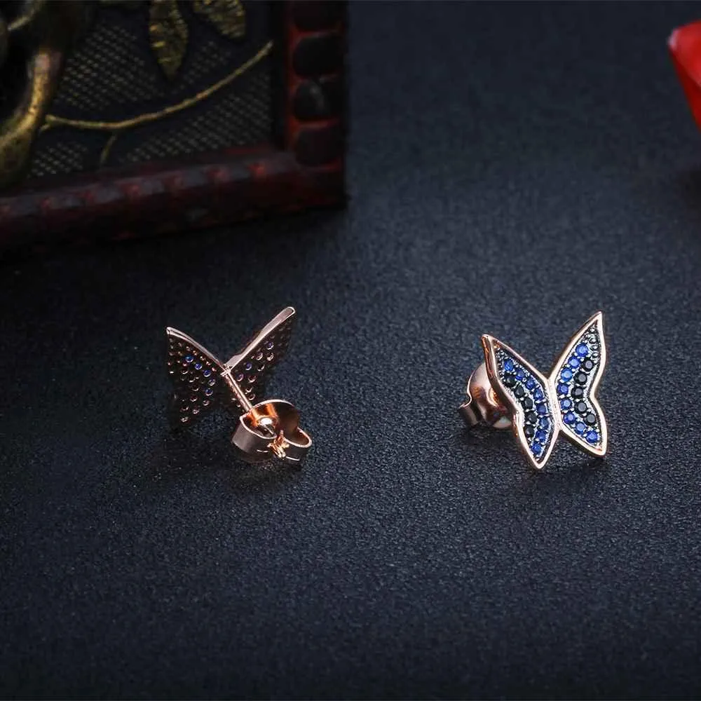 Cute 925 Silver Blue & Black CZ Butterfly Stud Earrings for Women