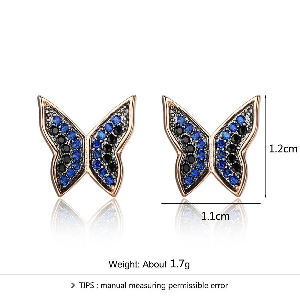 Cute 925 Silver Blue & Black CZ Butterfly Stud Earrings for Women