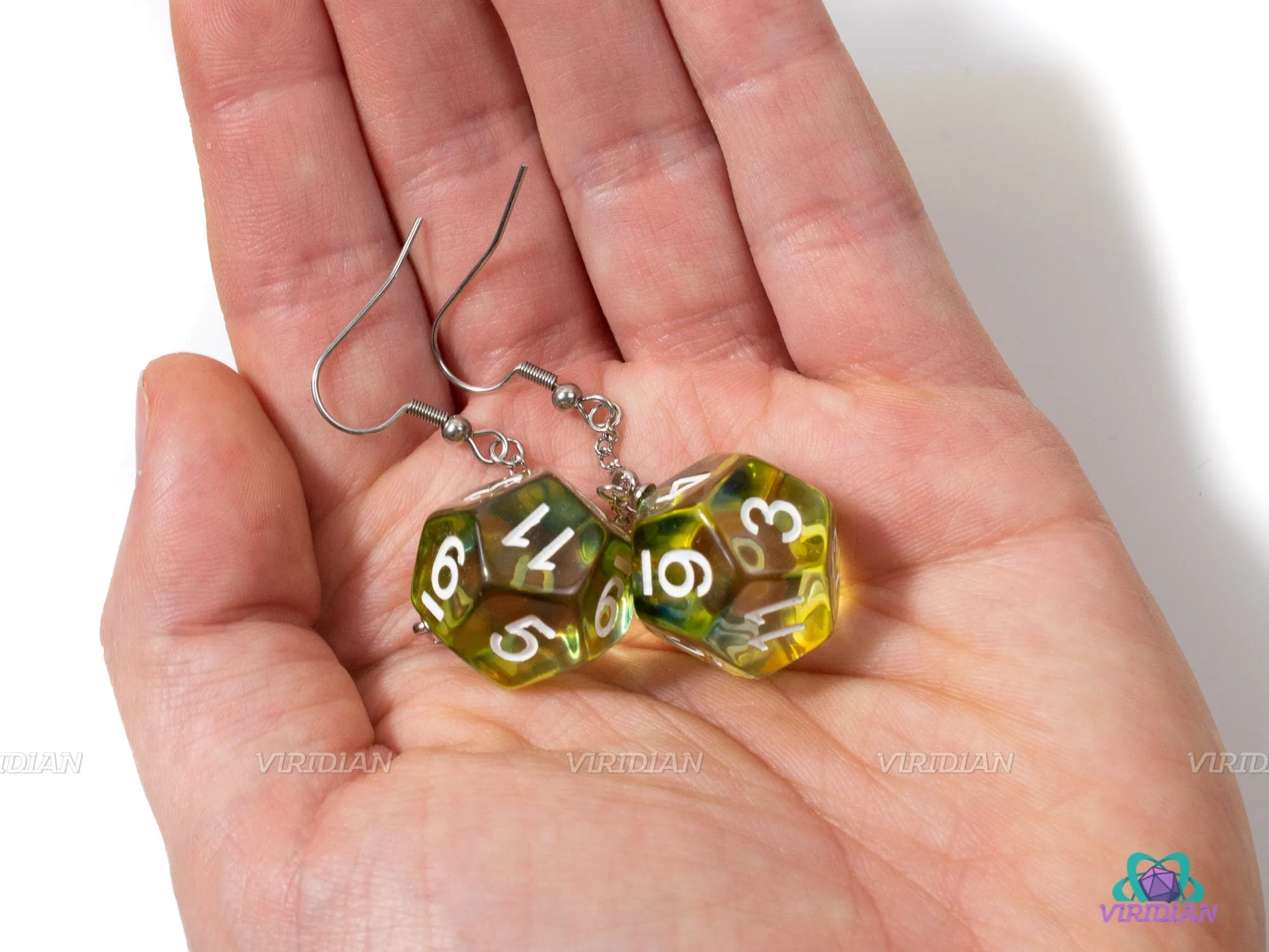 D12 Pendant Earrings | Yellow, Green-Blue, Clear Swirls | Resin D12 Dice Jewelry