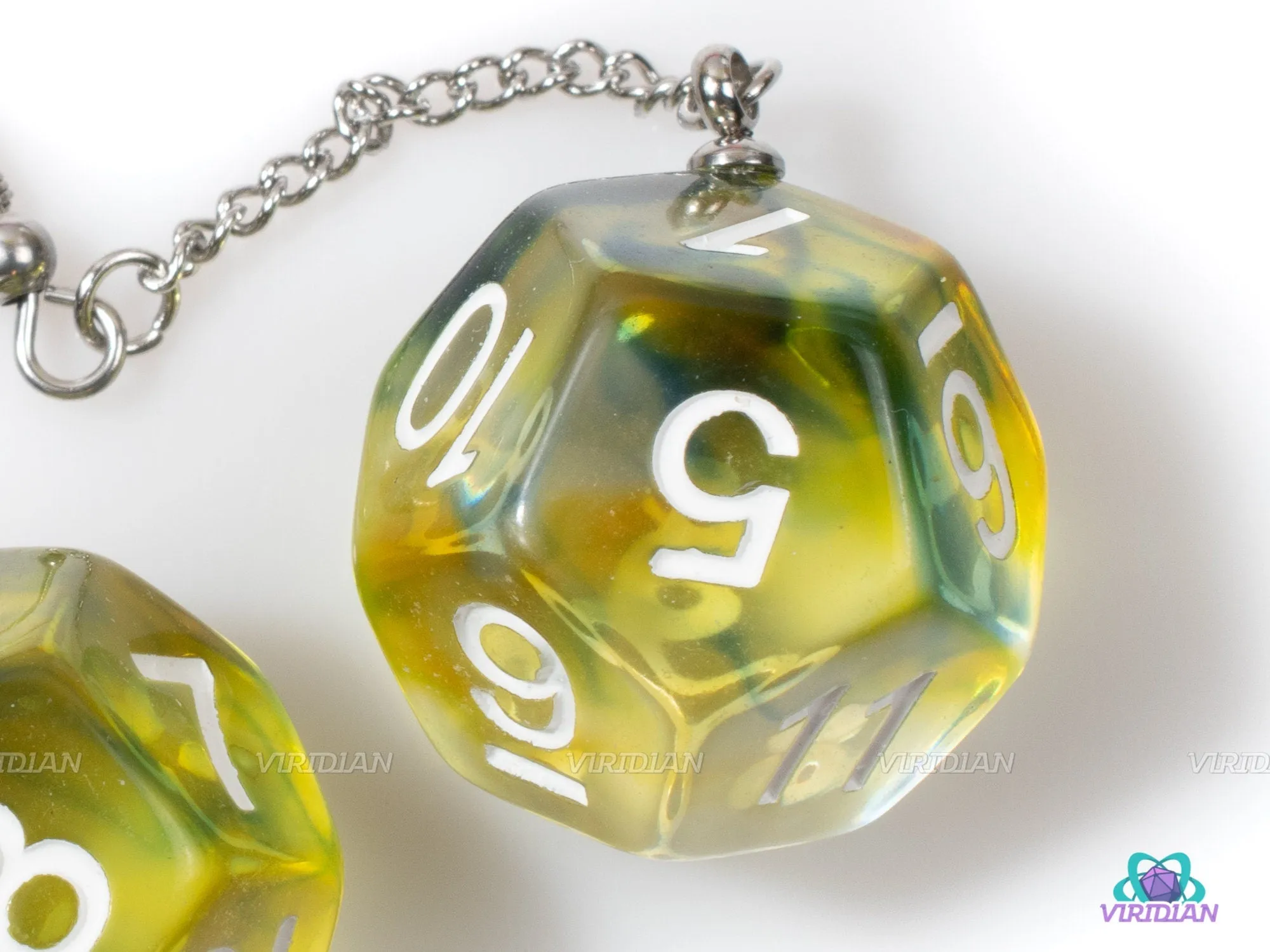 D12 Pendant Earrings | Yellow, Green-Blue, Clear Swirls | Resin D12 Dice Jewelry