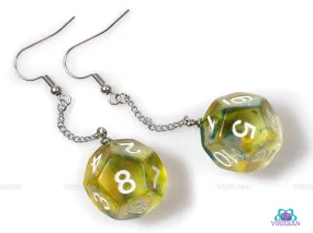 D12 Pendant Earrings | Yellow, Green-Blue, Clear Swirls | Resin D12 Dice Jewelry