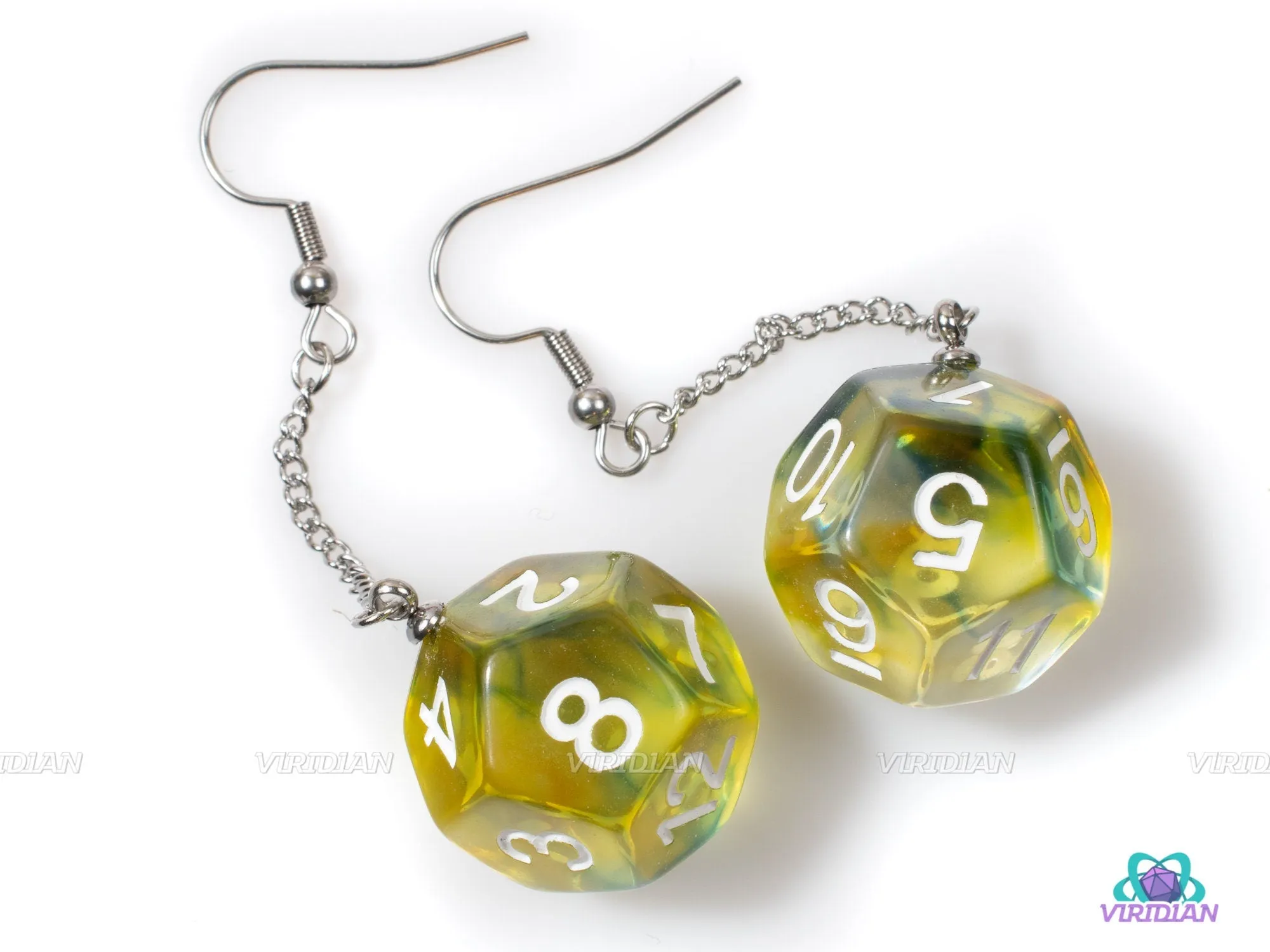 D12 Pendant Earrings | Yellow, Green-Blue, Clear Swirls | Resin D12 Dice Jewelry