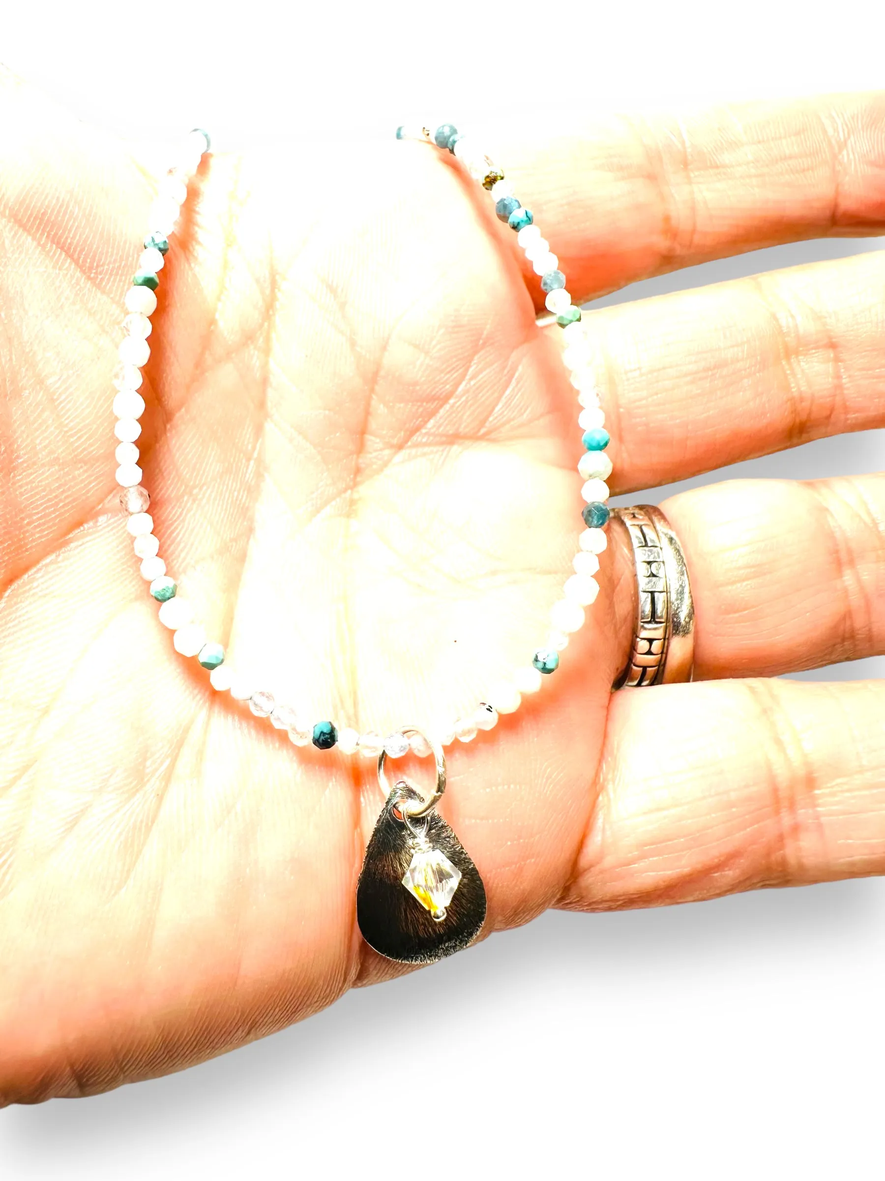 Dainty Beaded Gemstone Necklace-Flat Teardrop