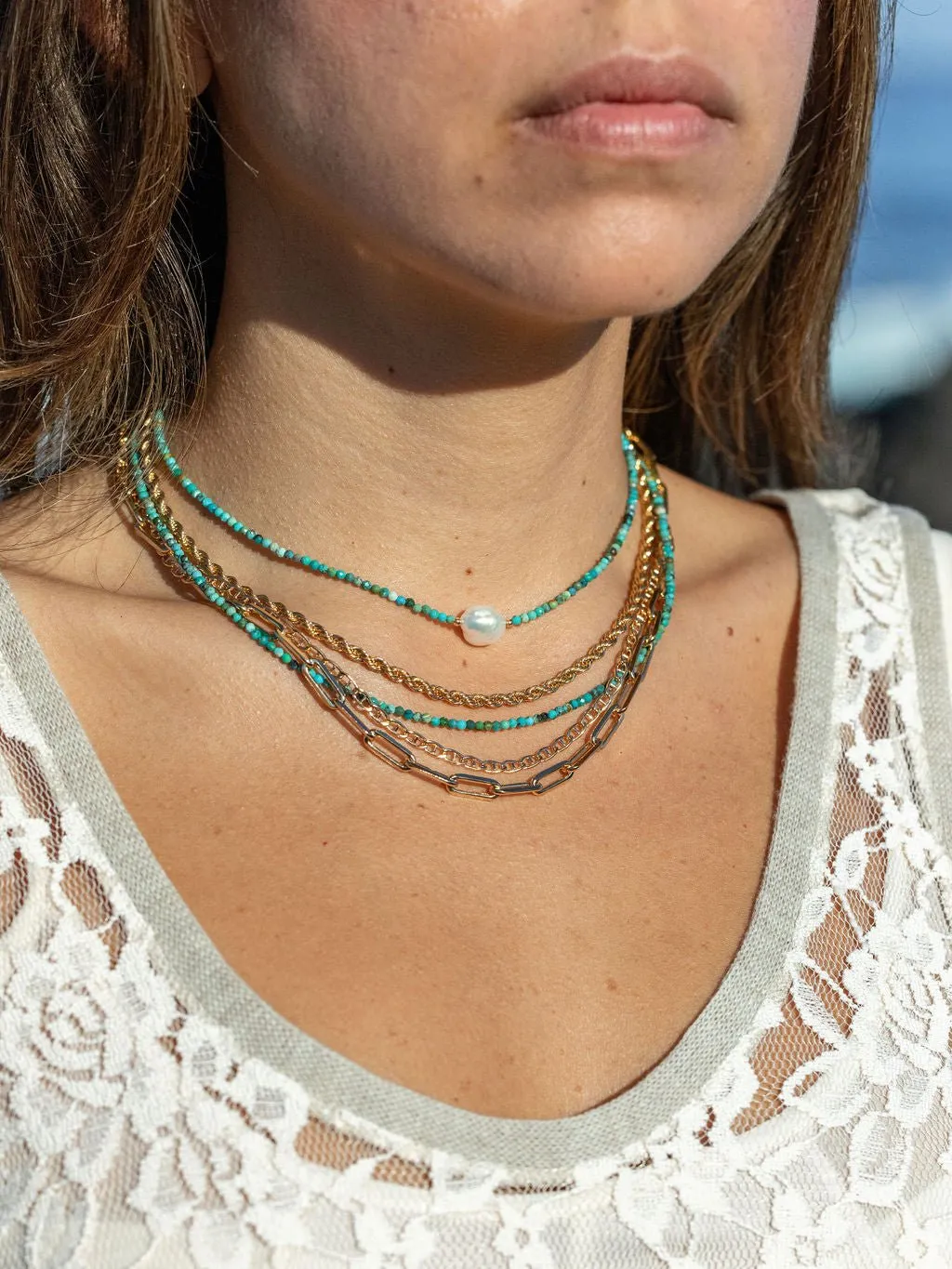 Dainty Pearl Turquoise Choker Necklace - Kawena