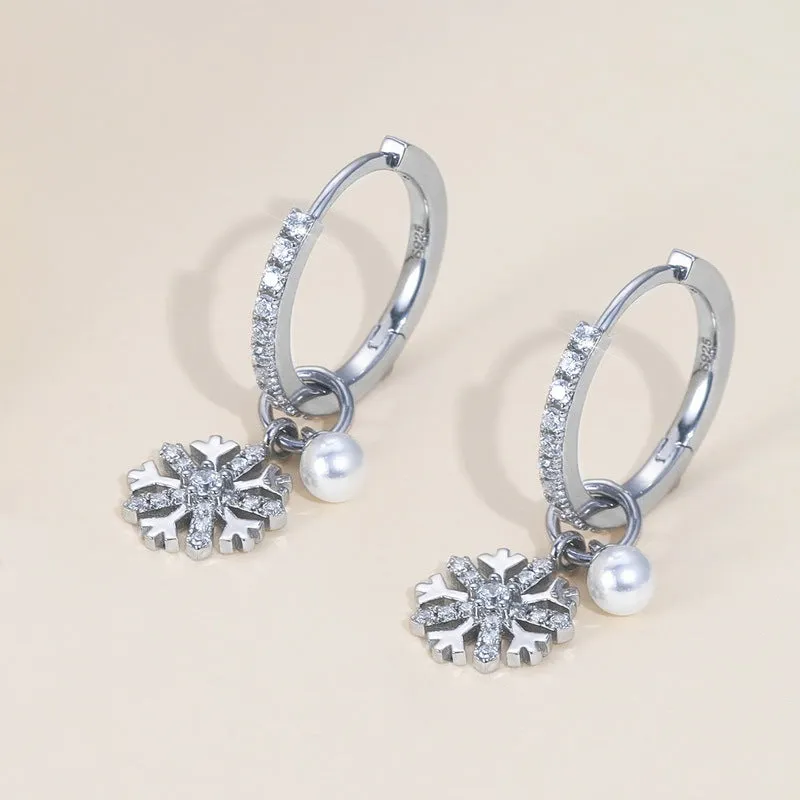 Dangle Pearl Snowflake Earrings