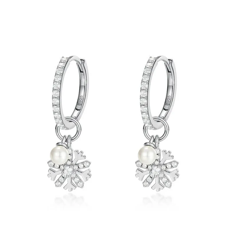 Dangle Pearl Snowflake Earrings