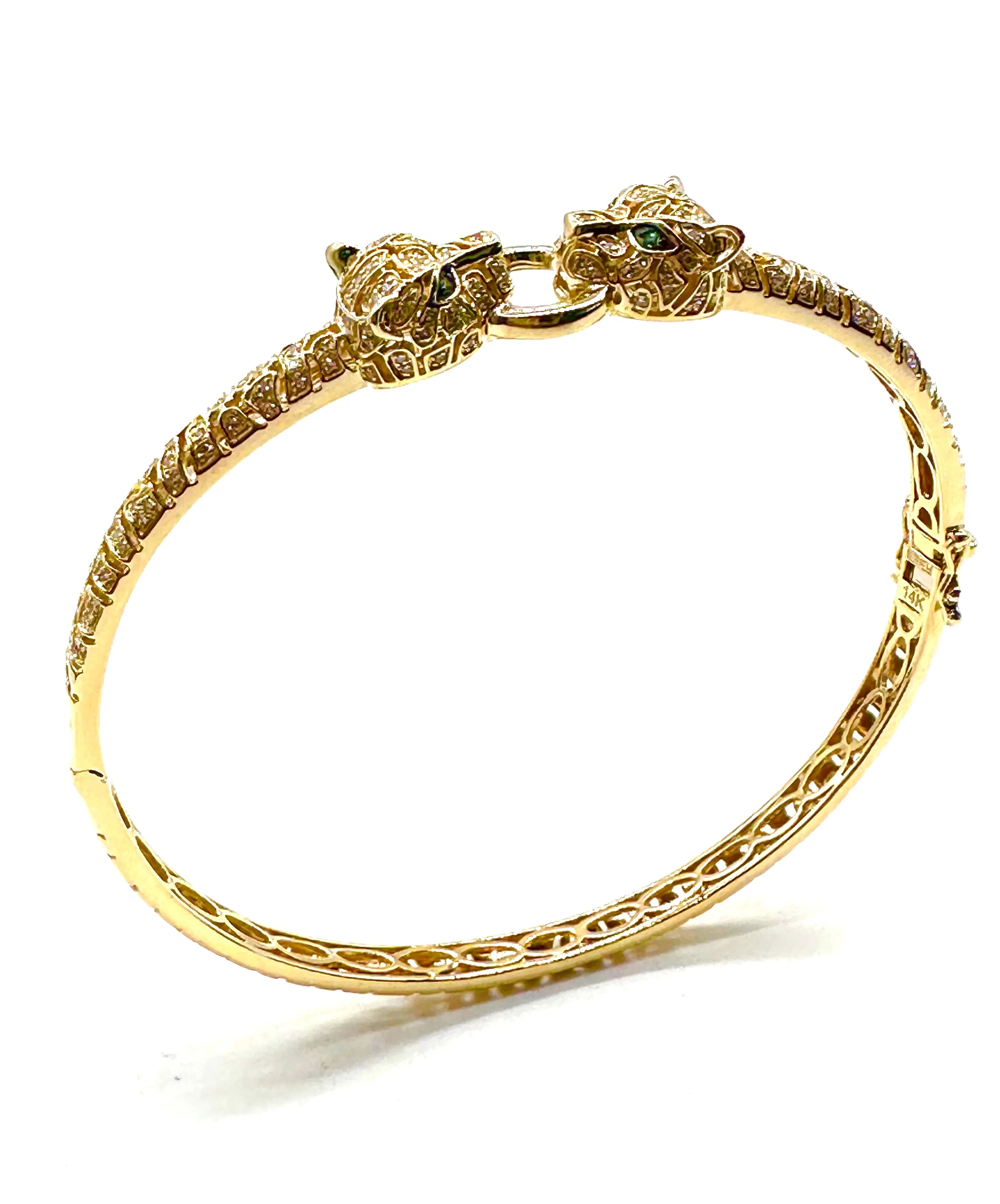 Diamond and emerald double panther bangle bracelet