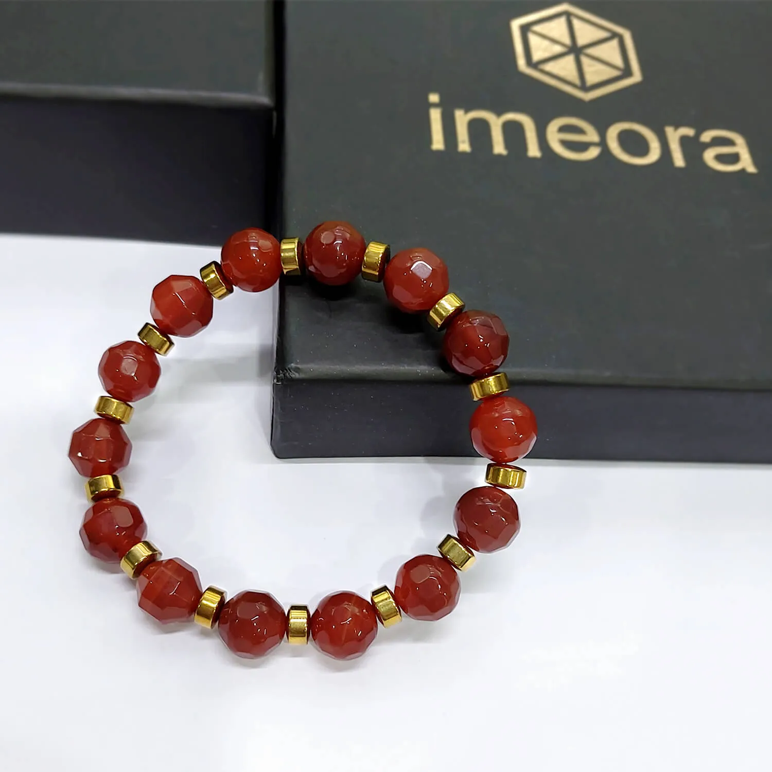 Diamond Cut Red Carnelian With Golden Hematite Natural Stone Bracelet