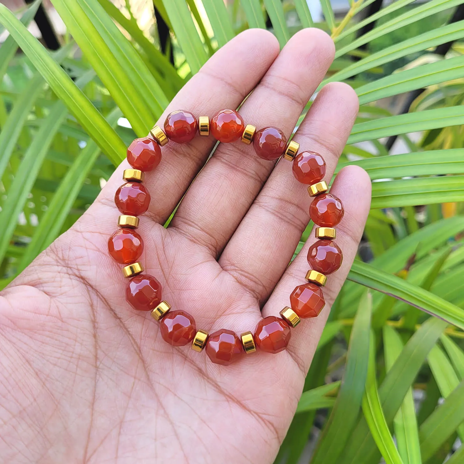 Diamond Cut Red Carnelian With Golden Hematite Natural Stone Bracelet