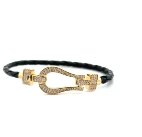 Diamond Pave Stirrup Clasp on Black Leather