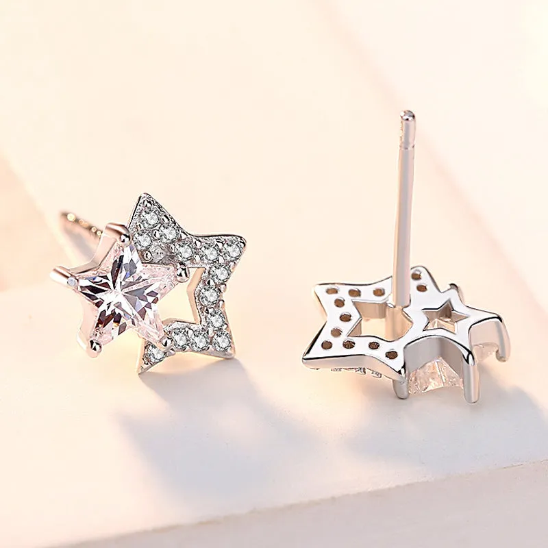 Double Zircon Five-pointed Star Silver Studs Earrings for Women