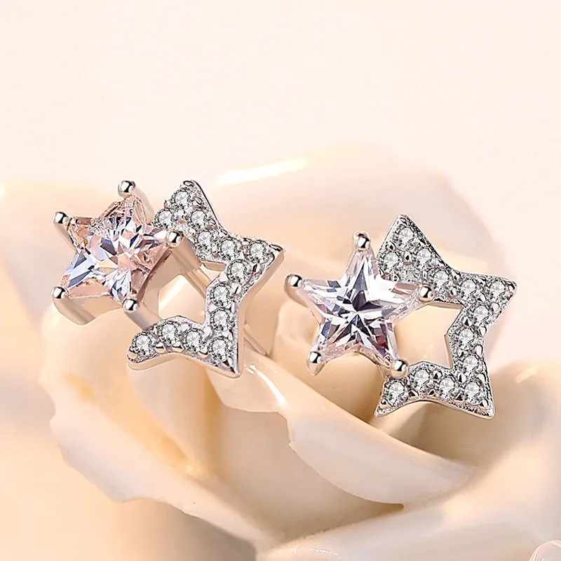 Double Zircon Five-pointed Star Silver Studs Earrings for Women