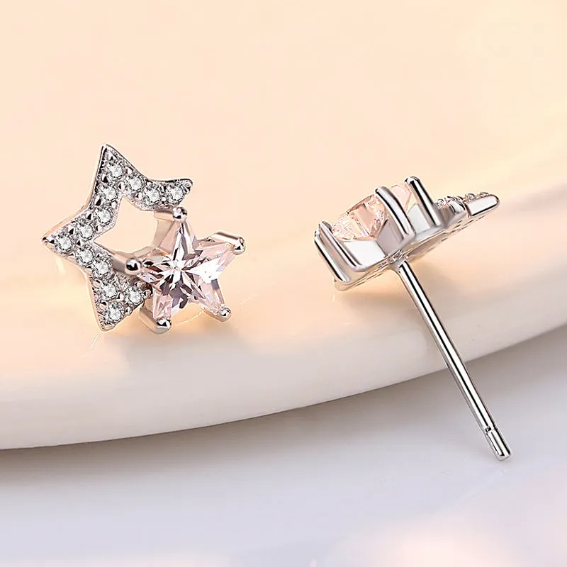 Double Zircon Five-pointed Star Silver Studs Earrings for Women