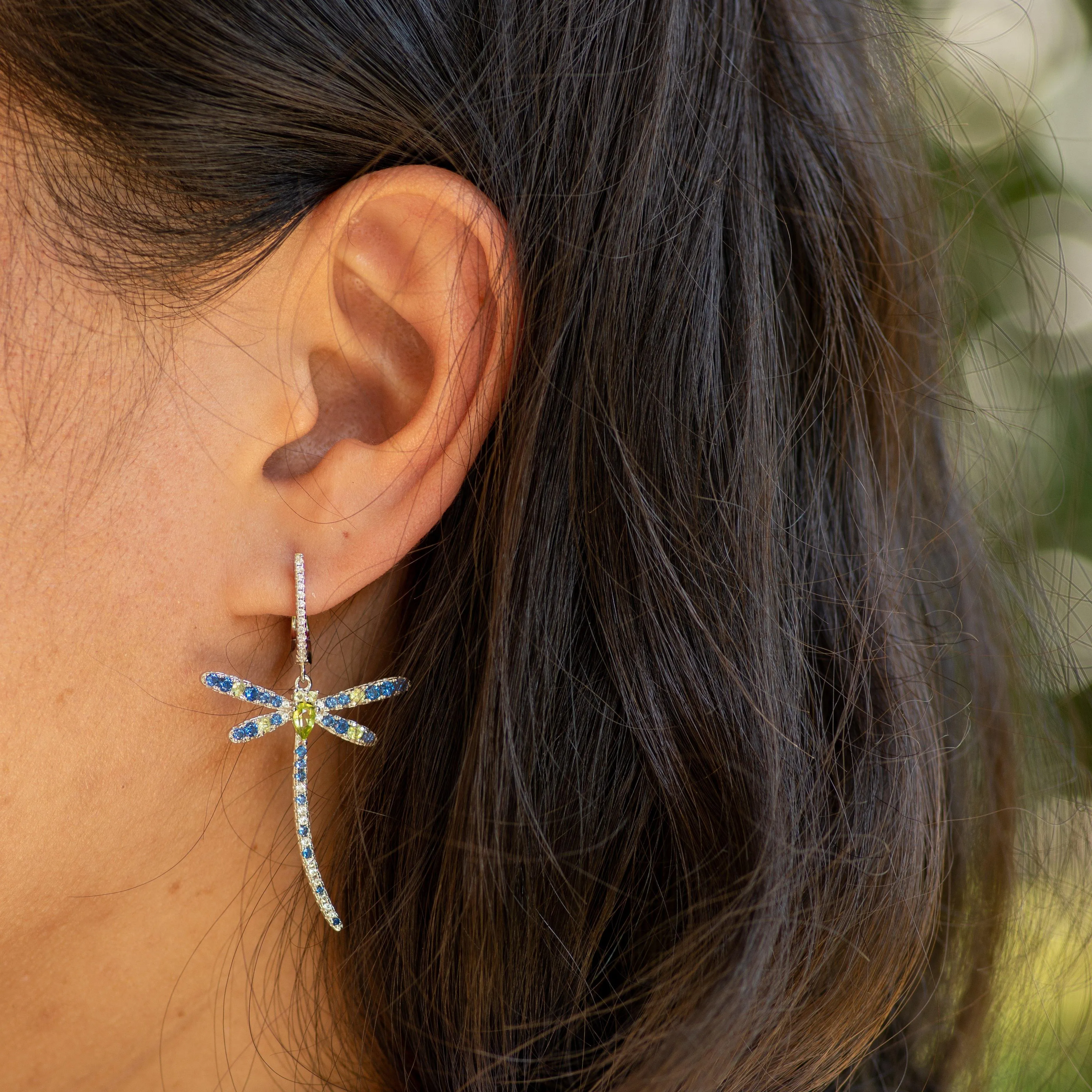 Dragonfly London Blue Topaz Peridot Earrings in Sterling Silver