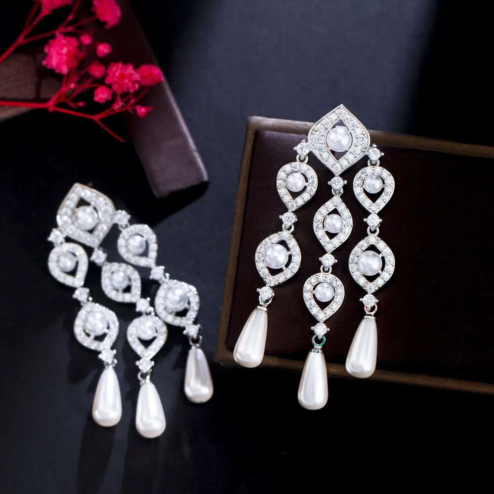 Dreamy Cubic Zircon Drop Earrings,CZ and Pearls Dangle Earring for Wedding, Women Dinner Accessories Jewelry SZE0568