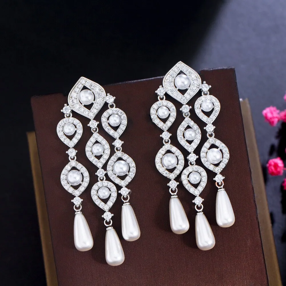 Dreamy Cubic Zircon Drop Earrings,CZ and Pearls Dangle Earring for Wedding, Women Dinner Accessories Jewelry SZE0568