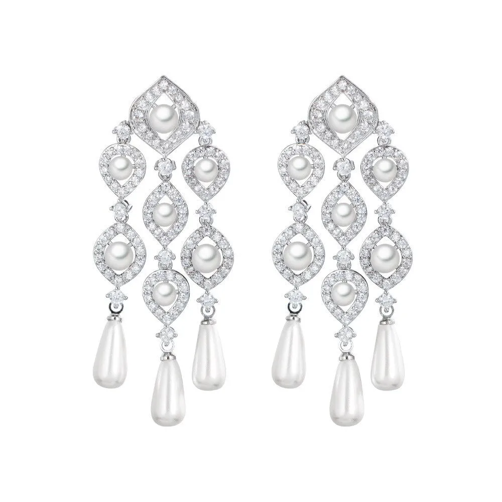 Dreamy Cubic Zircon Drop Earrings,CZ and Pearls Dangle Earring for Wedding, Women Dinner Accessories Jewelry SZE0568