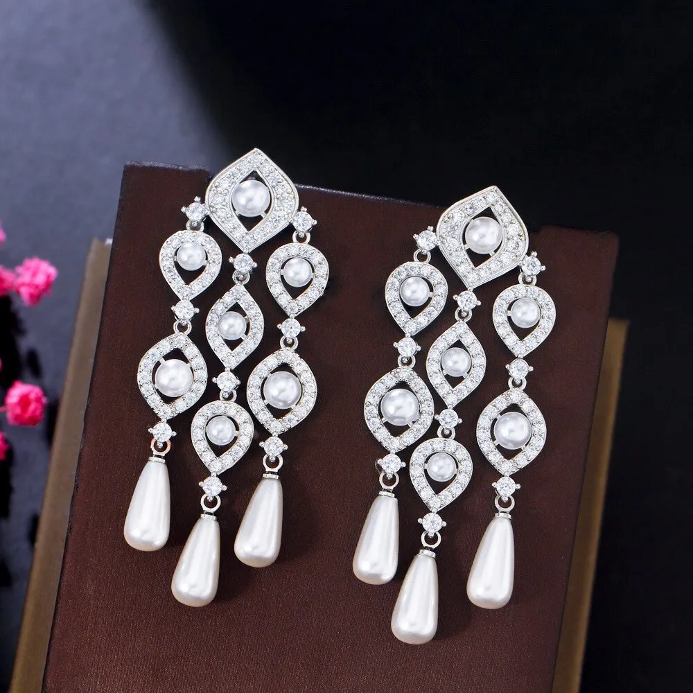 Dreamy Cubic Zircon Drop Earrings,CZ and Pearls Dangle Earring for Wedding, Women Dinner Accessories Jewelry SZE0568