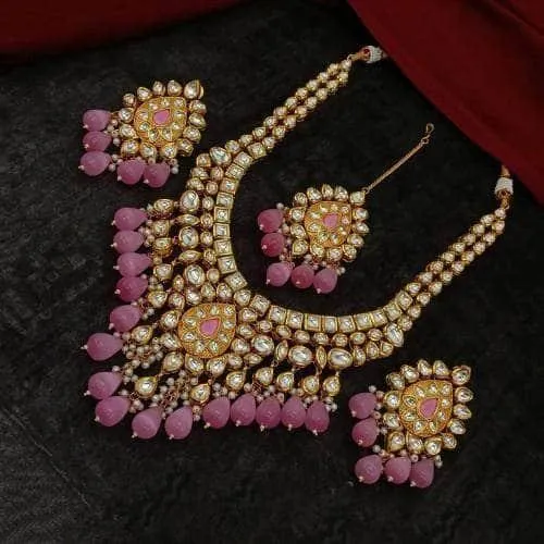 Drop Meena Kundan Necklace Earring And Teeka Set