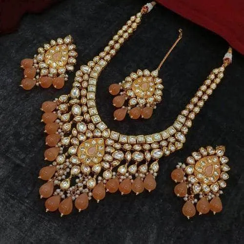 Drop Meena Kundan Necklace Earring And Teeka Set