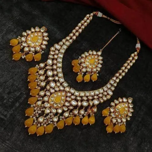 Drop Meena Kundan Necklace Earring And Teeka Set