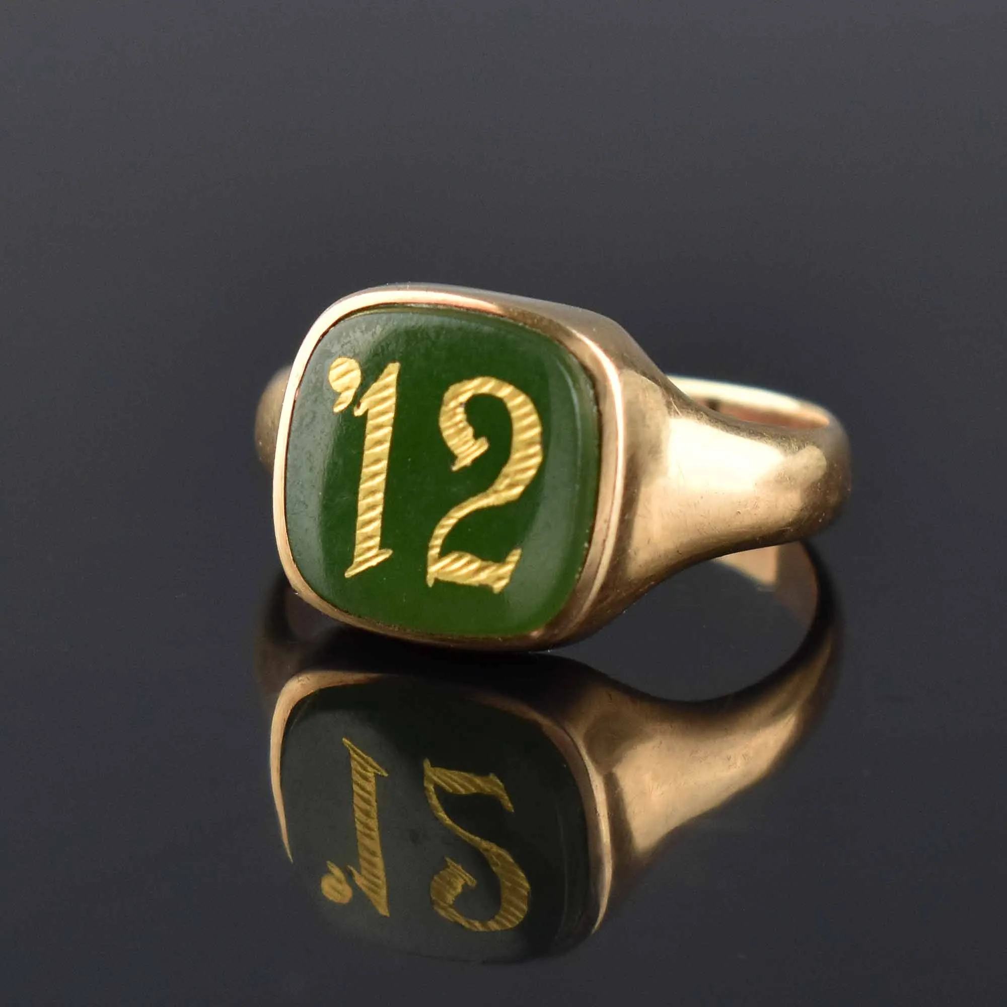 Edwardian Green Chalcedony Date Gold Signet Ring