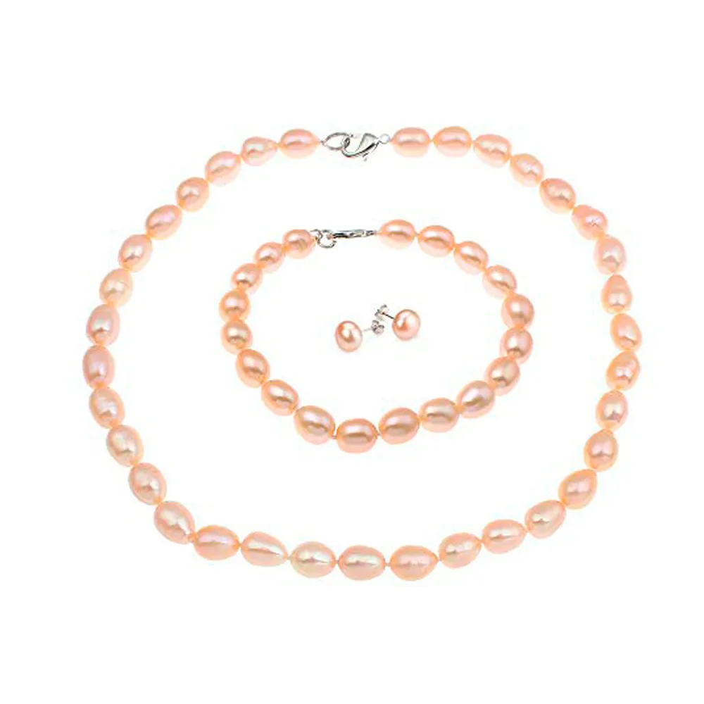 Elegant 8-9mm Rice Shape Freshwater Pearl Necklace, Bracelet and Earrings Set