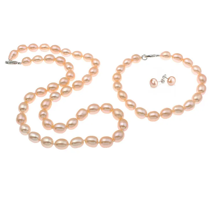 Elegant 8-9mm Rice Shape Freshwater Pearl Necklace, Bracelet and Earrings Set