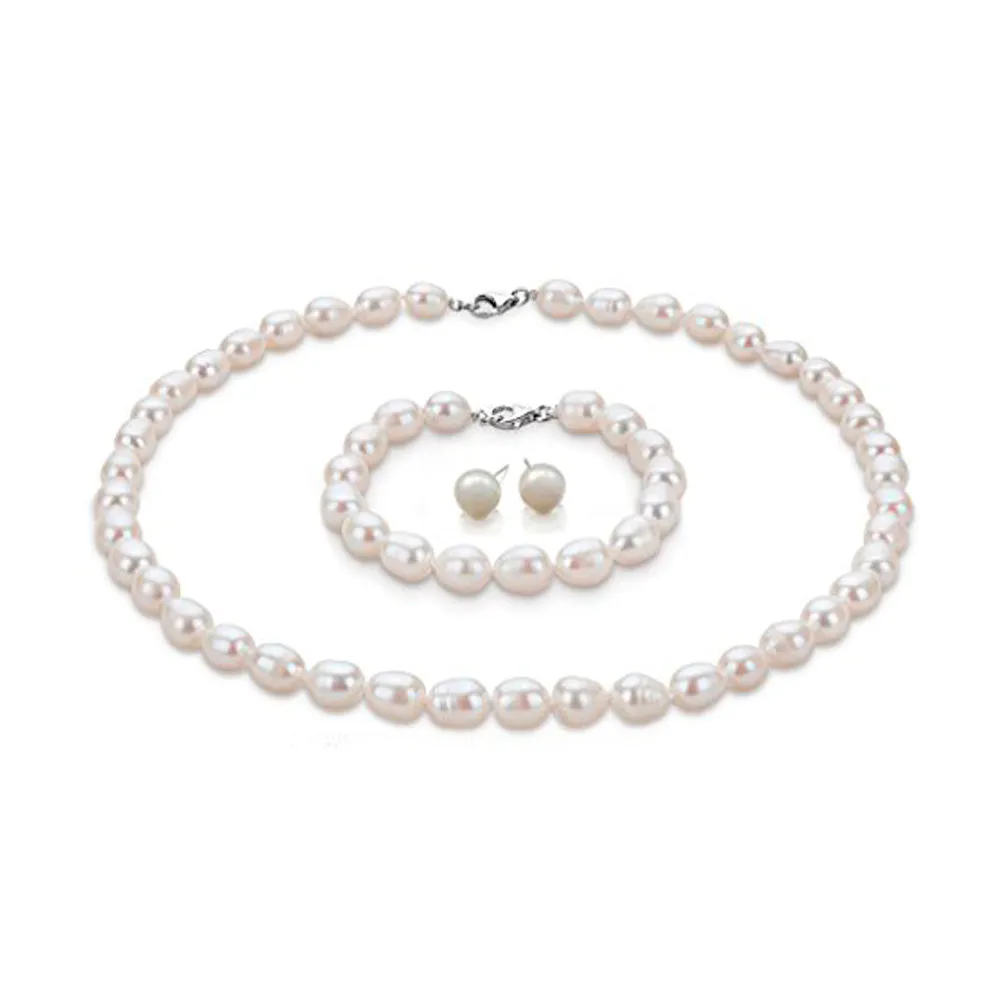 Elegant 8-9mm Rice Shape Freshwater Pearl Necklace, Bracelet and Earrings Set