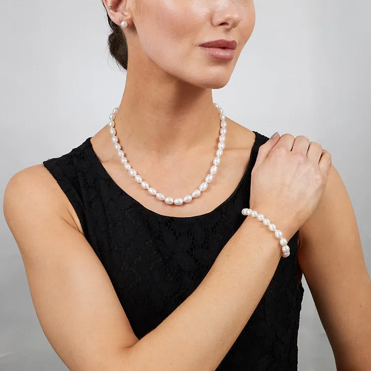 Elegant 8-9mm Rice Shape Freshwater Pearl Necklace, Bracelet and Earrings Set